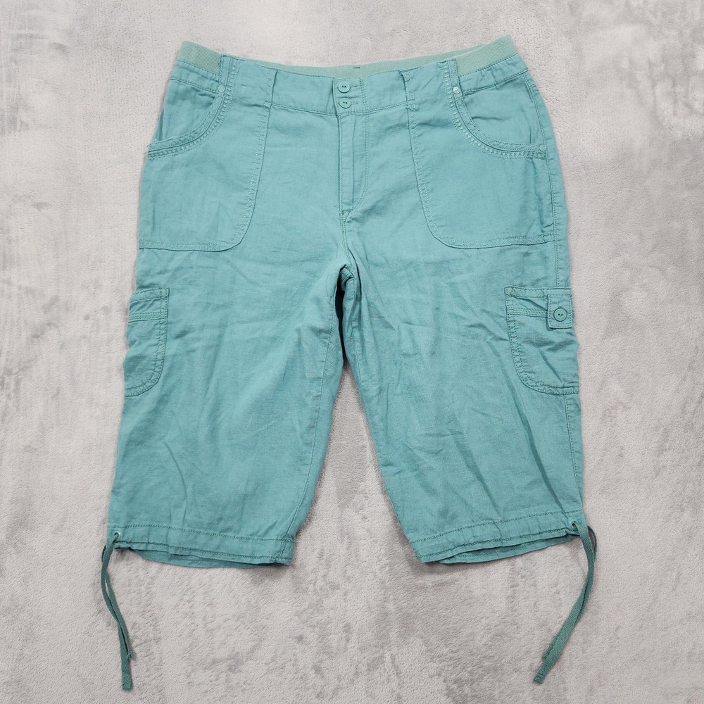 Gloria Vanderbilt Shorts Womens 12 Green Linen Cargo Bermuda Drawstring Casual